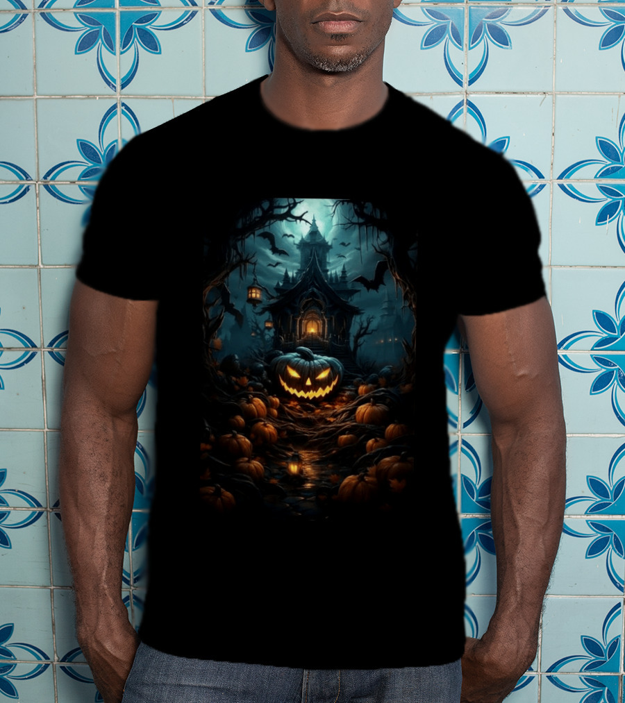 Haunted House Pumpkin Season Halloween Spooky Night Scene With Jack O' Lanterns And Bats T-Shirt