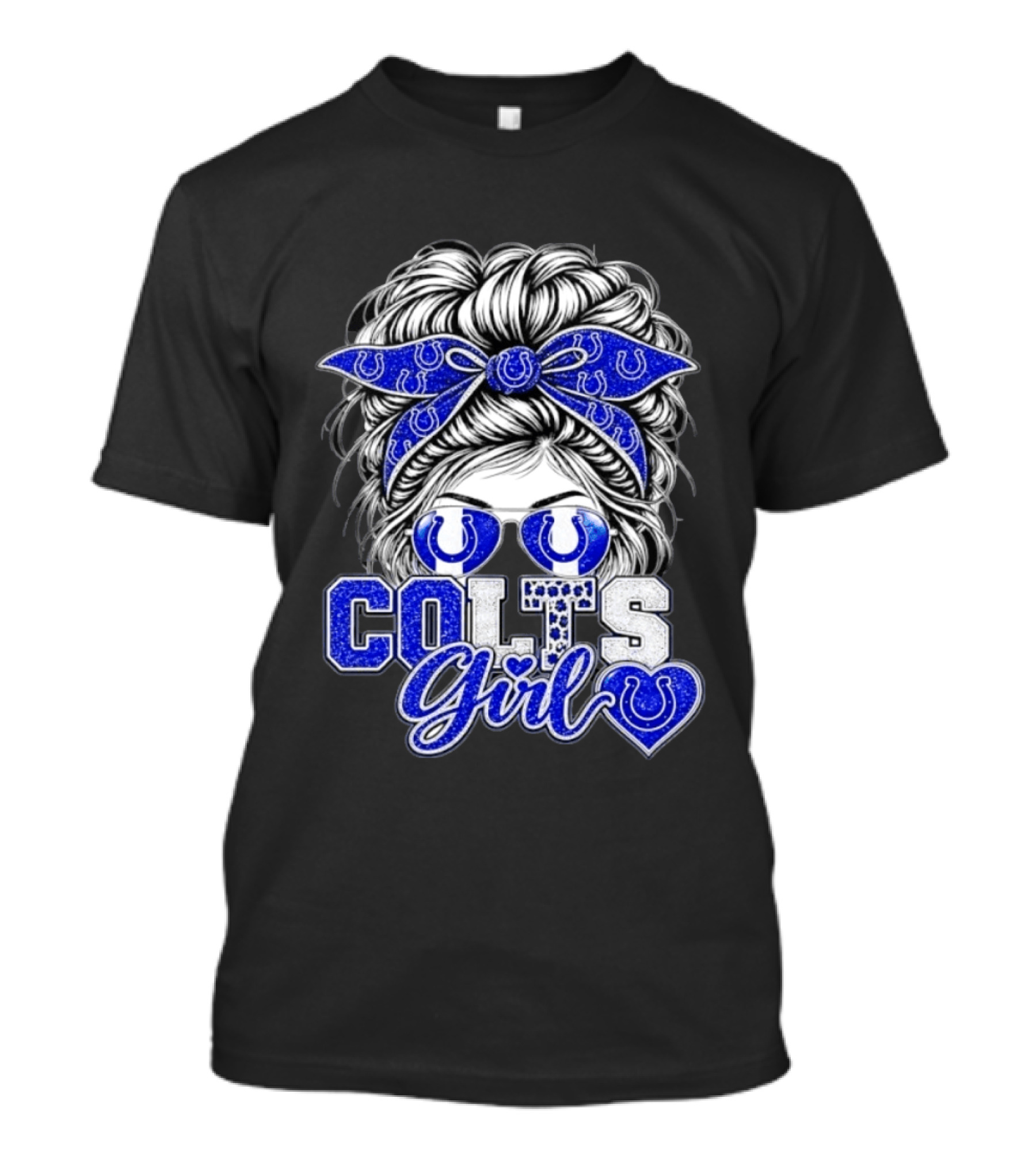 Indianapolis Colts Girl Messy Bun Blue Bandana Sunglasses Fan T-Shirt