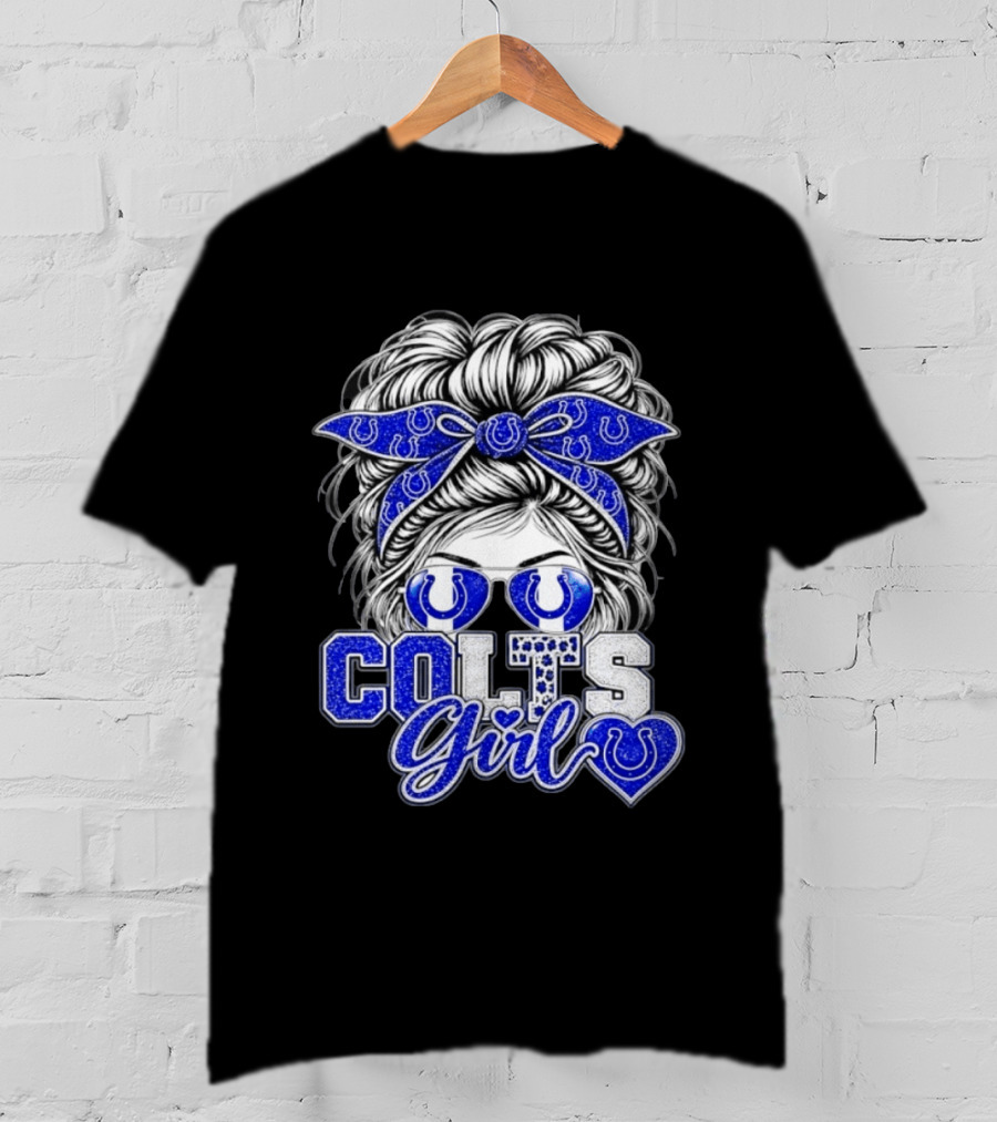 Indianapolis Colts Girl Messy Bun Blue Bandana Sunglasses Fan T-Shirt