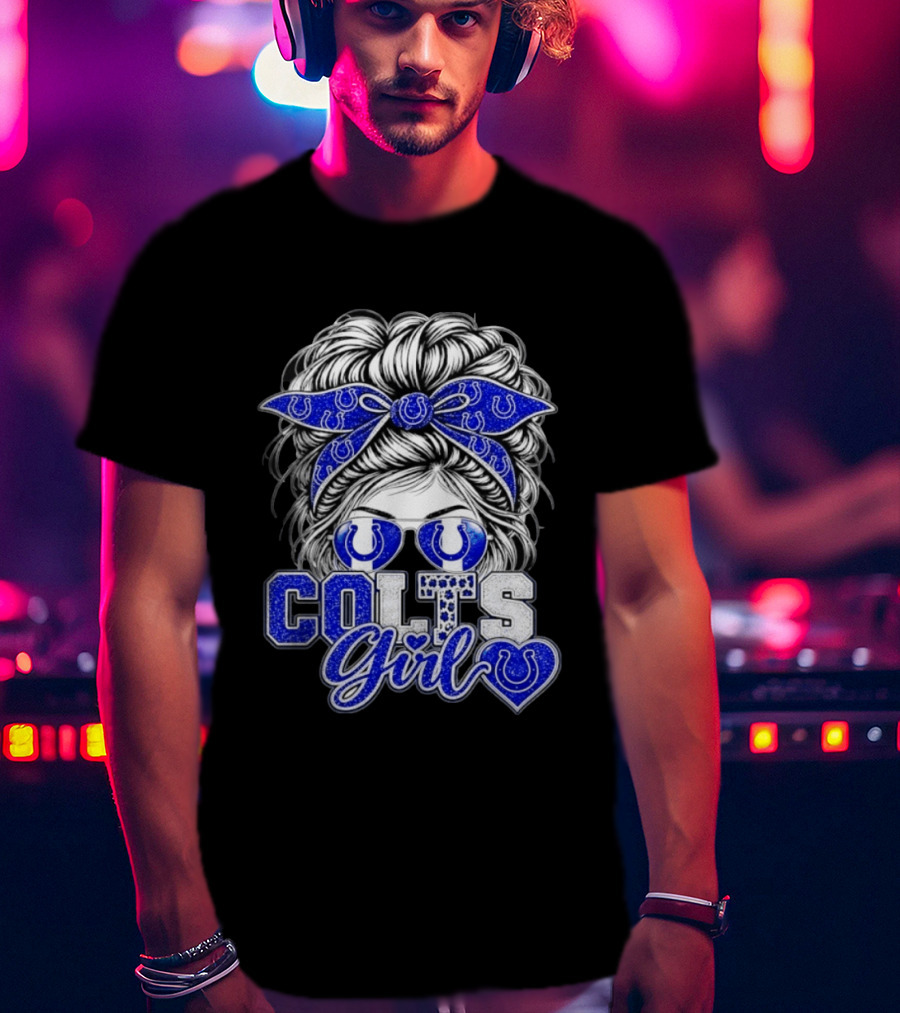 Indianapolis Colts Girl Messy Bun Blue Bandana Sunglasses Fan T-Shirt