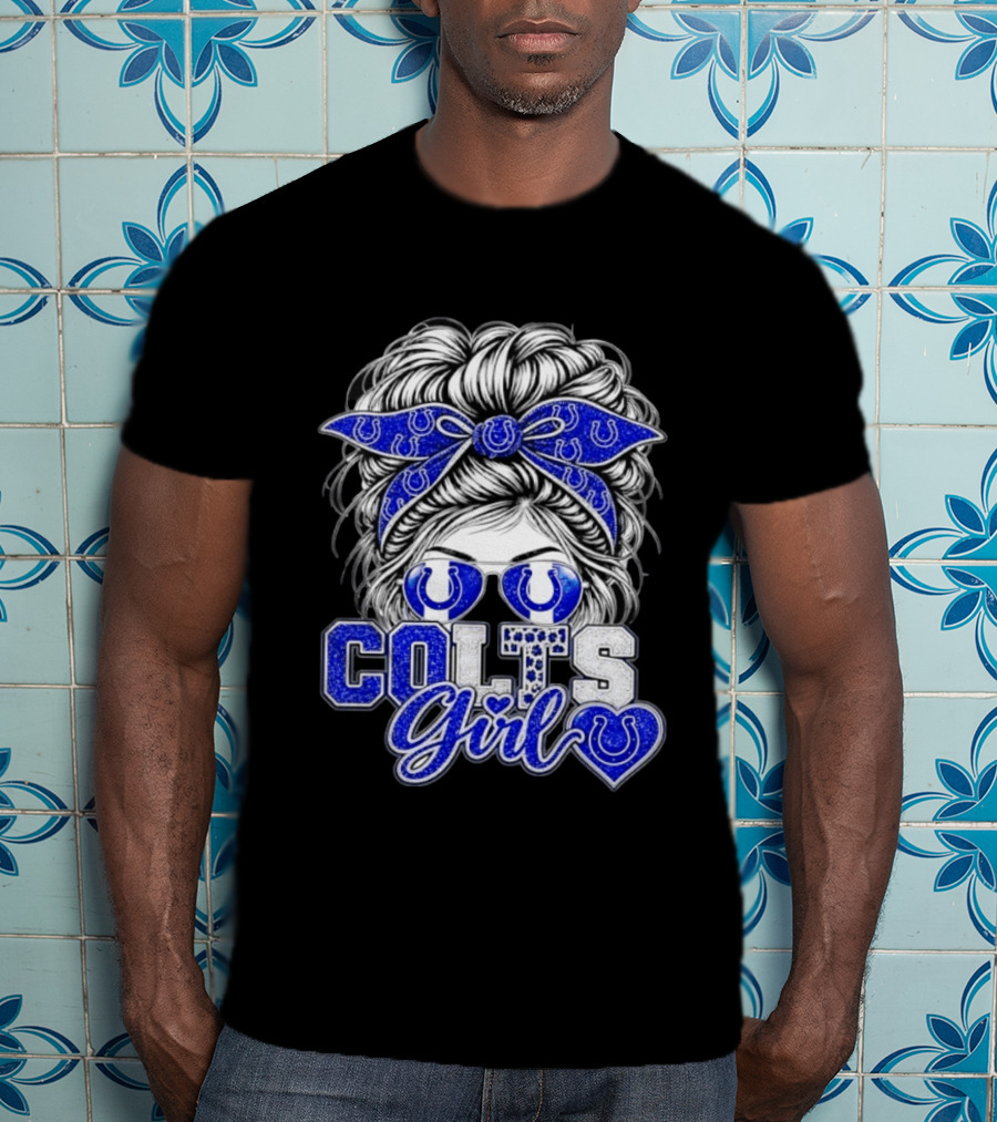 Indianapolis Colts Girl Messy Bun Blue Bandana Sunglasses Fan T-Shirt