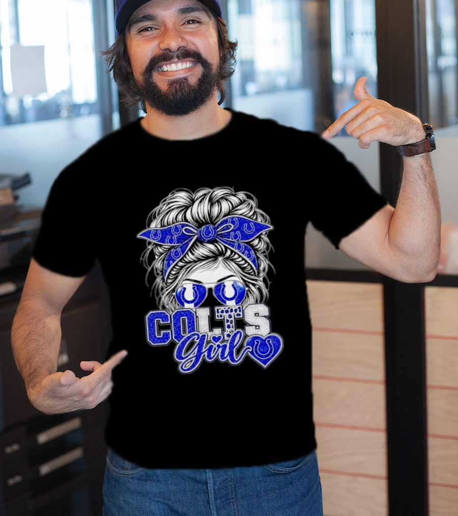 Indianapolis Colts Girl Messy Bun Blue Bandana Sunglasses Fan T-Shirt