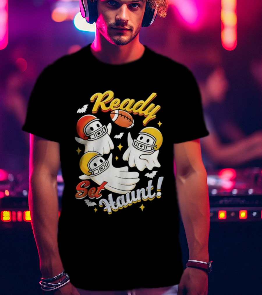 Ready Set Haunt Ghosts Football Helmet Halloween T-Shirt