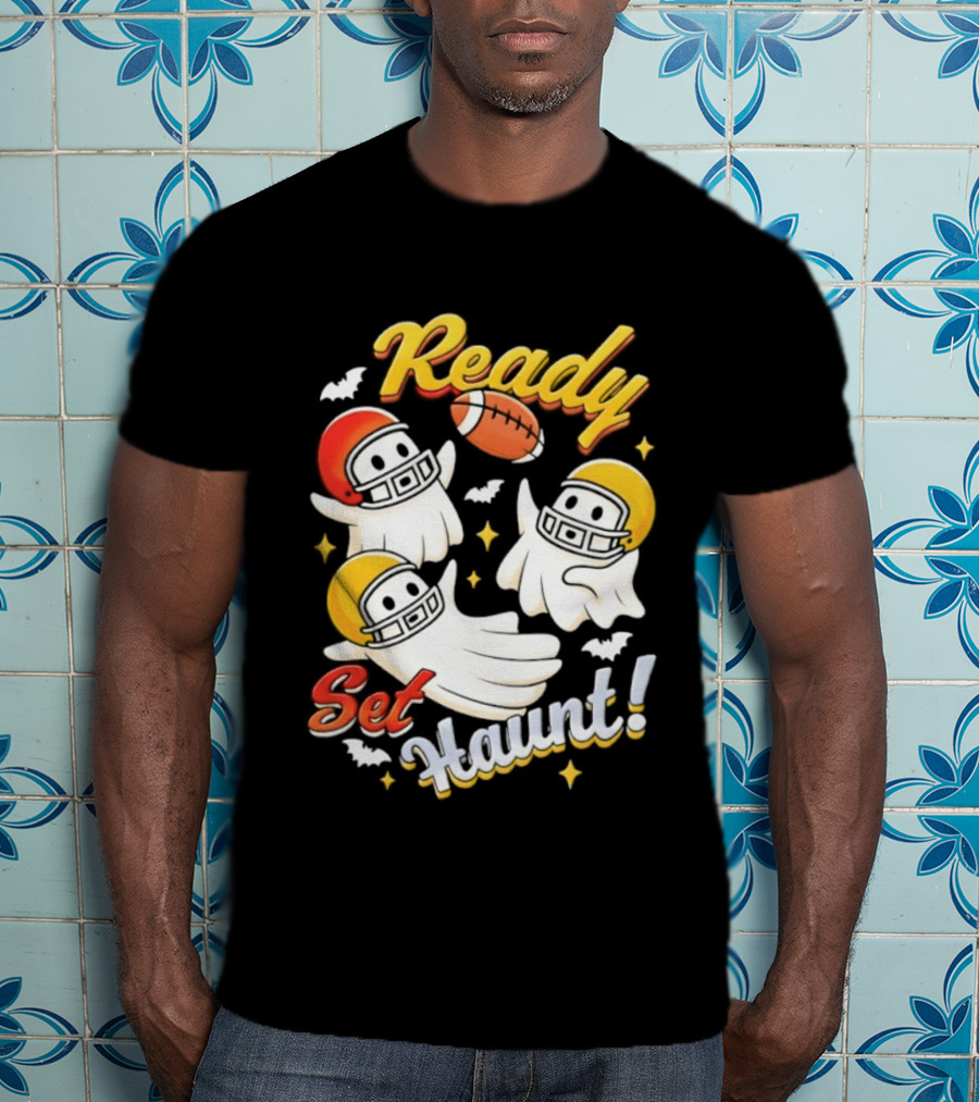 Ready Set Haunt Ghosts Football Helmet Halloween T-Shirt