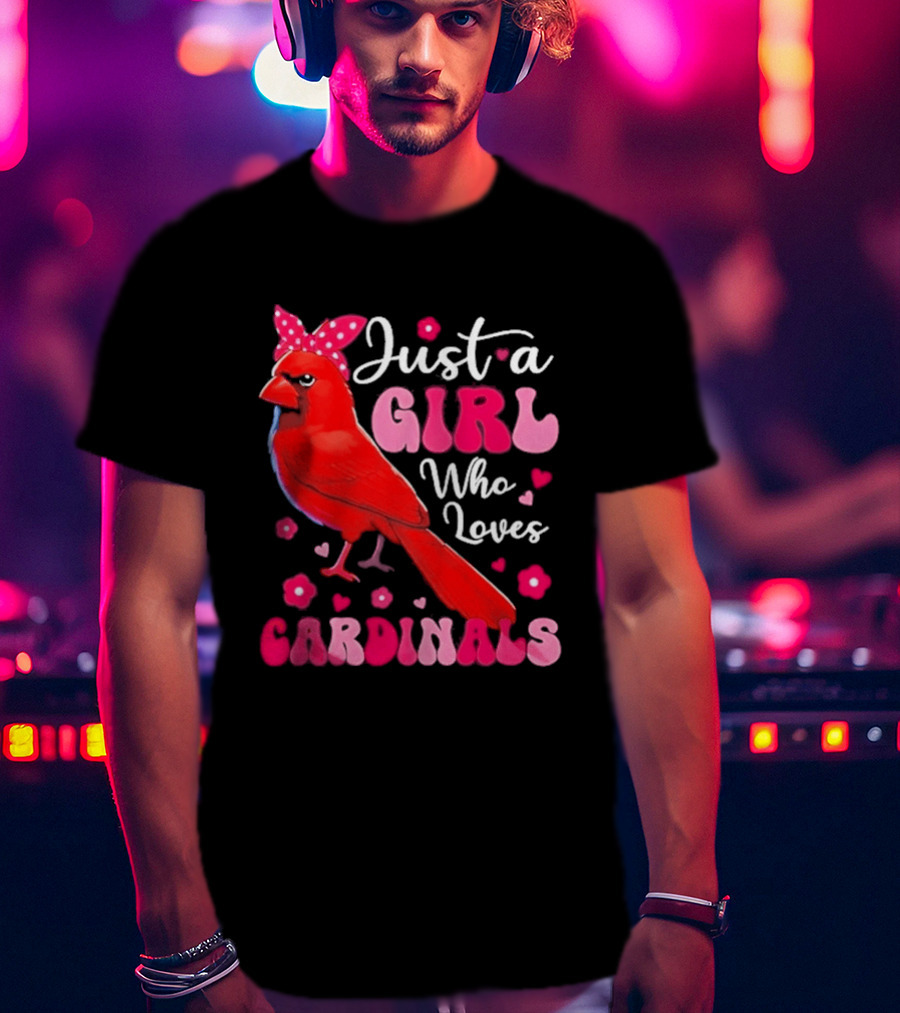 Just A Girl Who Loves Cardinals Cardinal Bird Cute Bow Pink Flowers Hearts T-Shirt