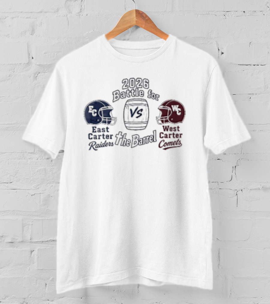2026 Battle For The Barrel East Carter Raiders Vs West Carter Comets Football Helmets T-Shirt