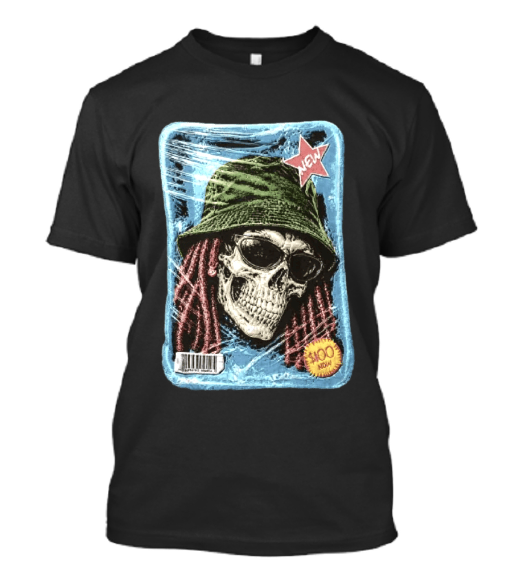 Skull With Dreadlocks Wearing Green Bucket Hat Sunglasses New Star Label T-Shirt