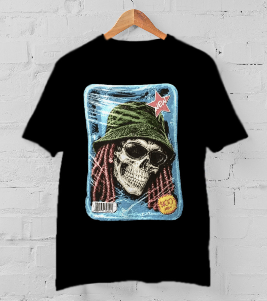 Skull With Dreadlocks Wearing Green Bucket Hat Sunglasses New Star Label T-Shirt