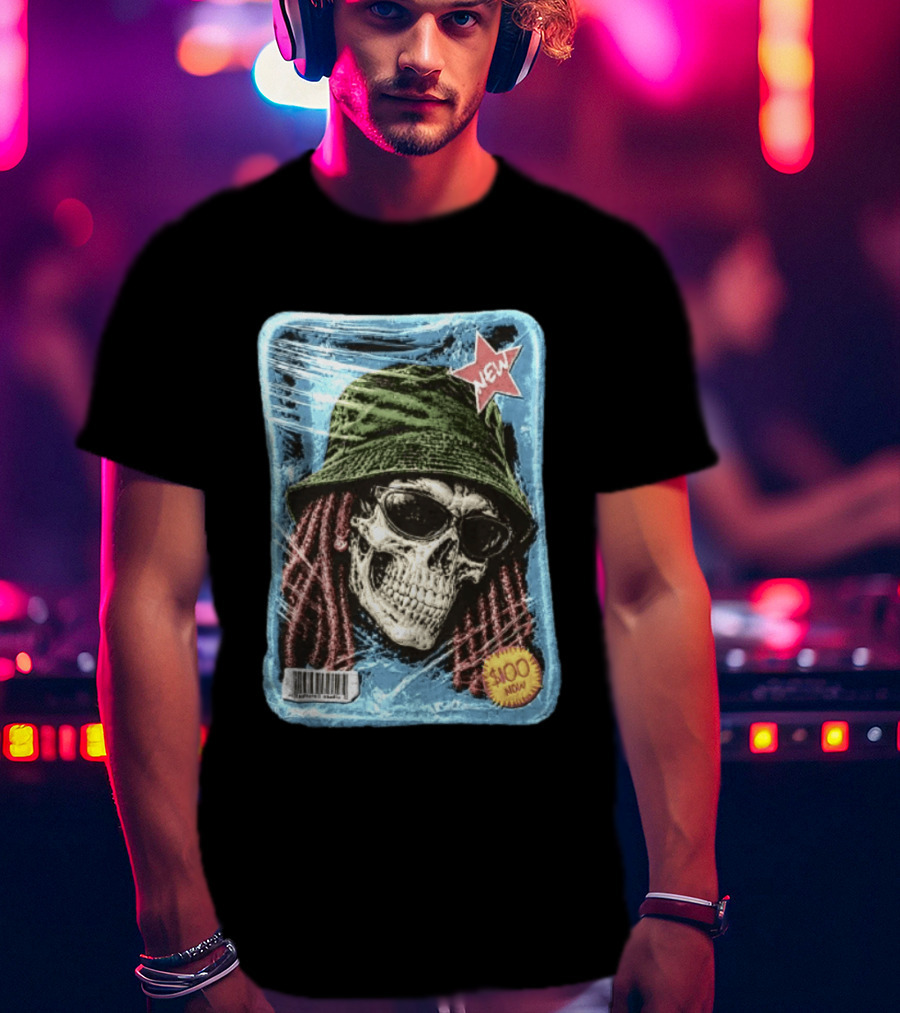 Skull With Dreadlocks Wearing Green Bucket Hat Sunglasses New Star Label T-Shirt