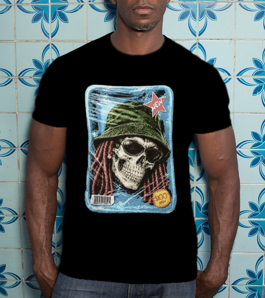 Skull With Dreadlocks Wearing Green Bucket Hat Sunglasses New Star Label T-Shirt