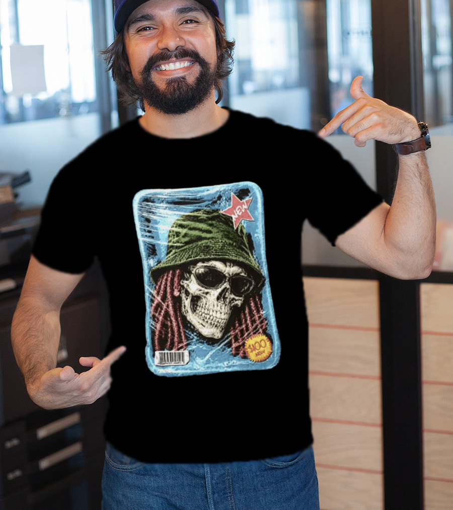 Skull With Dreadlocks Wearing Green Bucket Hat Sunglasses New Star Label T-Shirt