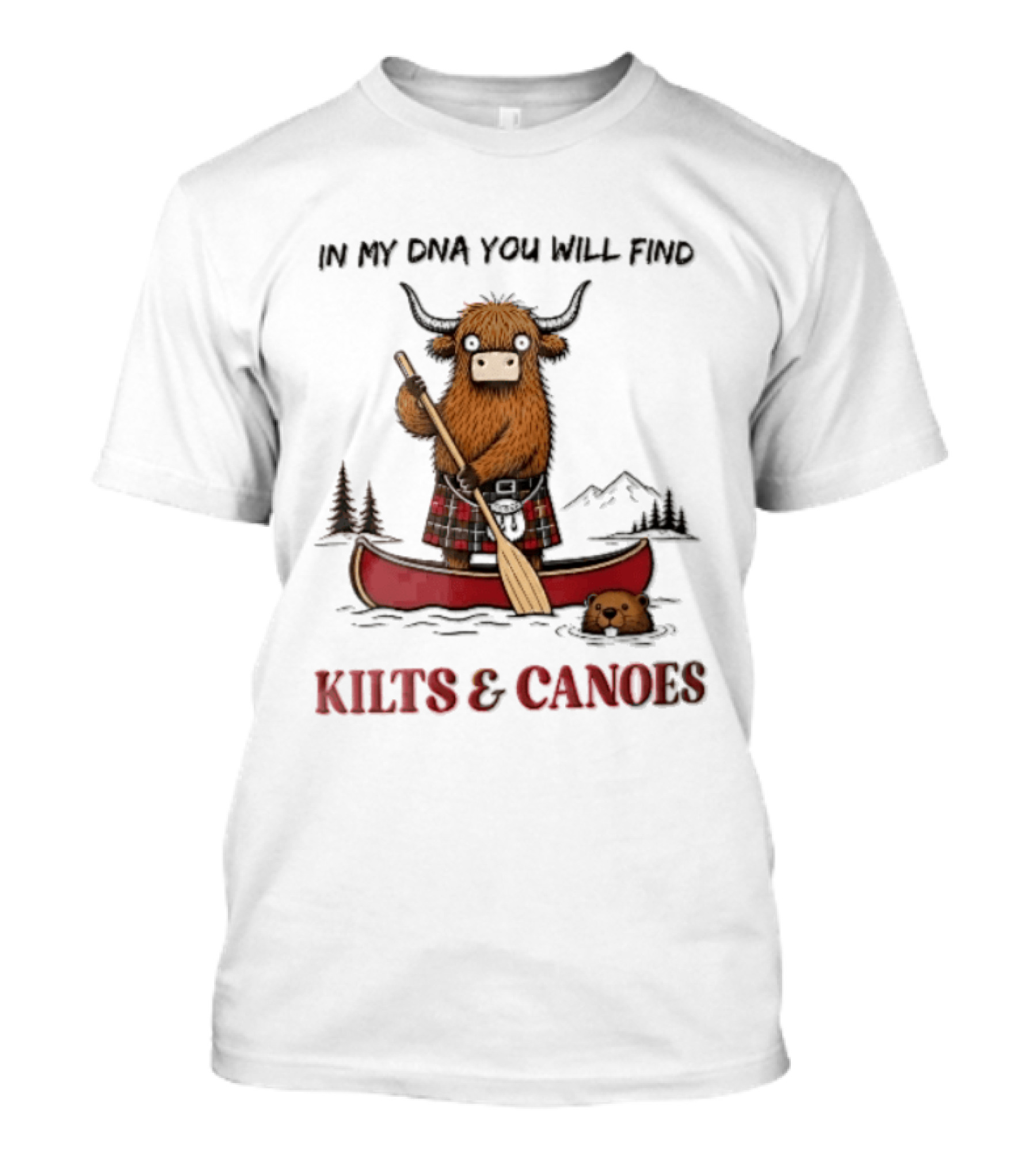 In My DNA You Will Find Kilts And Canoes Cartoon Highland Cow Paddling T-Shirt