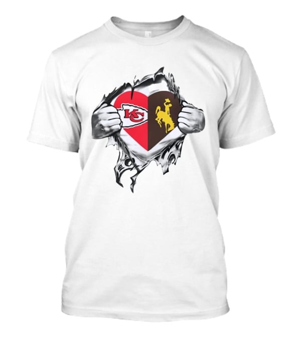 Kansas City Chiefs Wyoming Cowboys Heart Fan Pride Combination T-Shirt