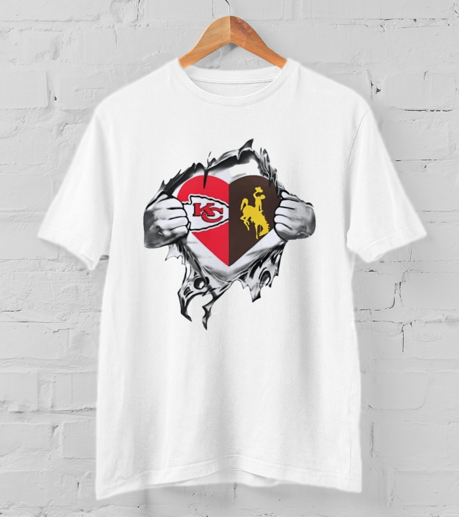 Kansas City Chiefs Wyoming Cowboys Heart Fan Pride Combination T-Shirt