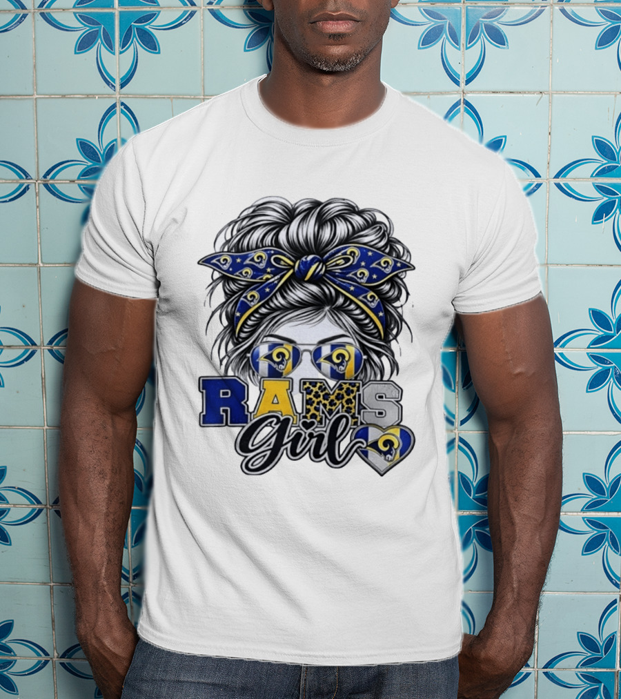 Rams Girl Messy Bun Bandana Sunglasses Fan T-Shirt