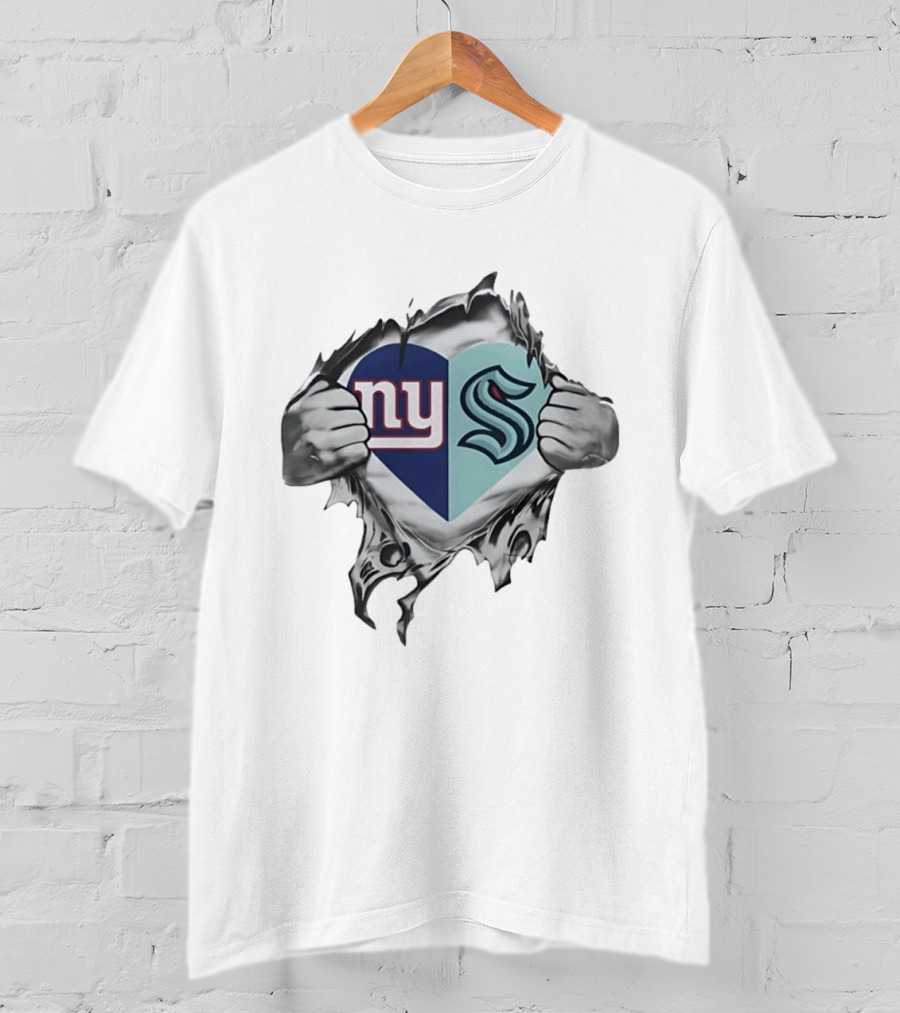 New York Giants Seattle Kraken Fan Heart Fusion T-Shirt
