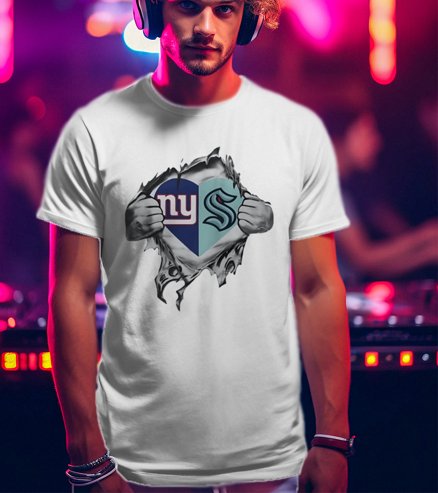 New York Giants Seattle Kraken Fan Heart Fusion T-Shirt