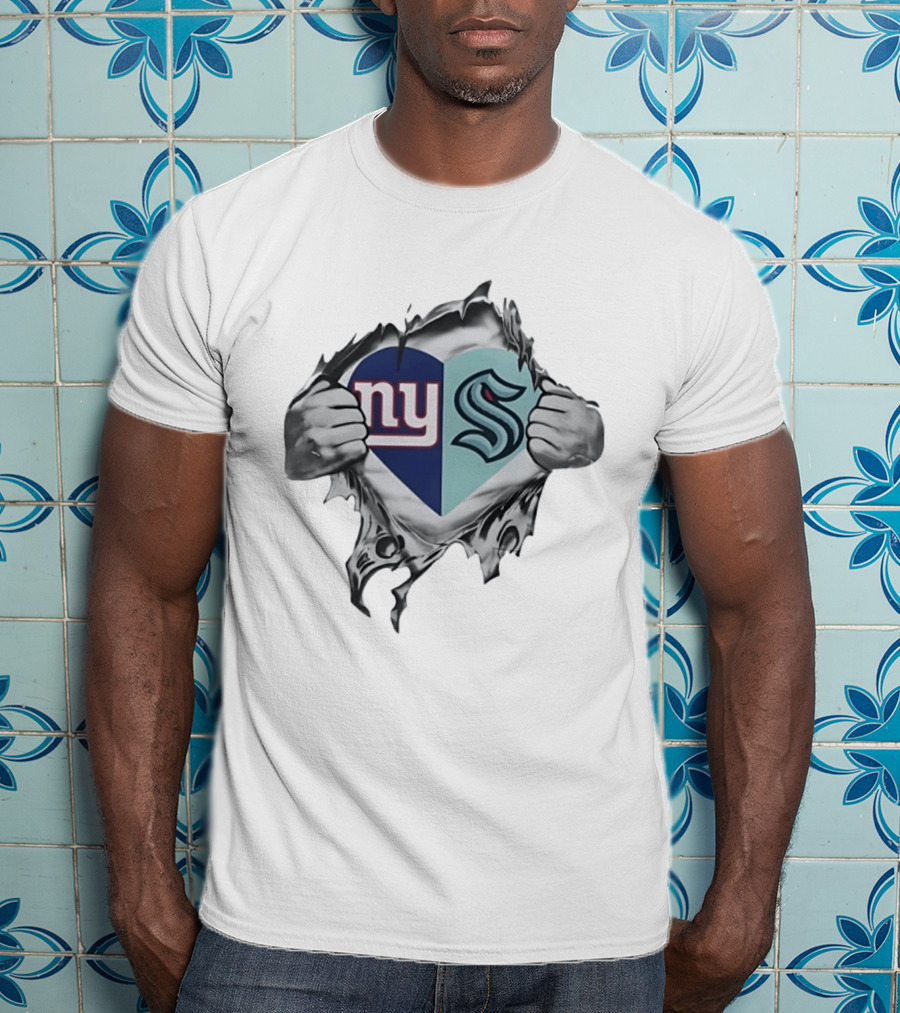 New York Giants Seattle Kraken Fan Heart Fusion T-Shirt