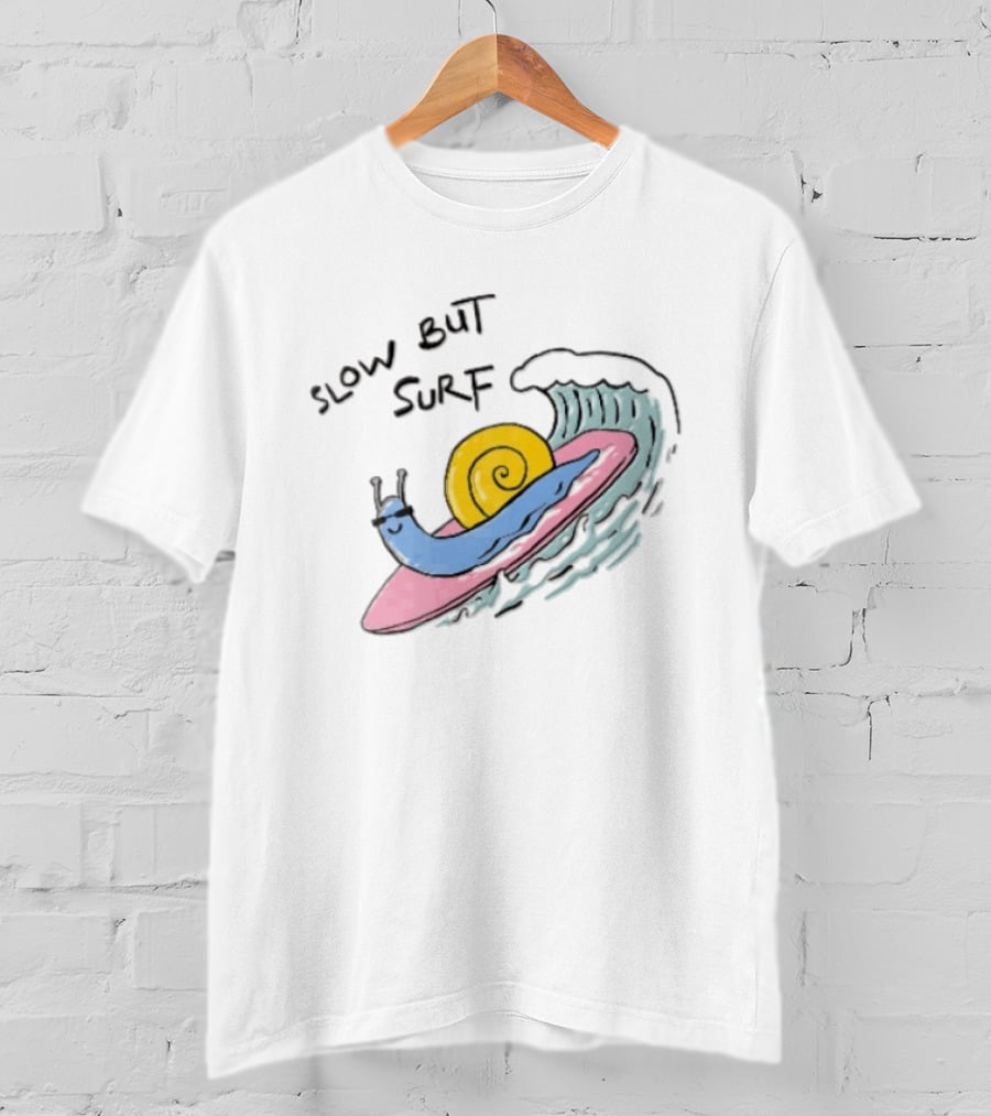 Slow But Surf Cartoon Blue Snail Riding Pink Surfboard Wave T-Shirt
