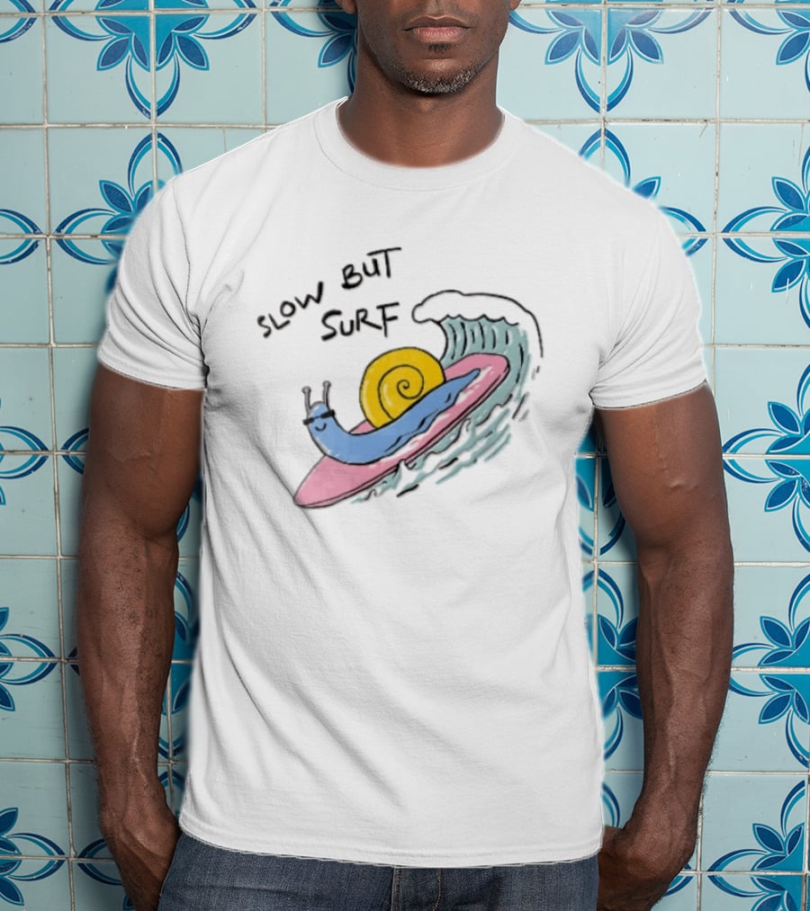Slow But Surf Cartoon Blue Snail Riding Pink Surfboard Wave T-Shirt