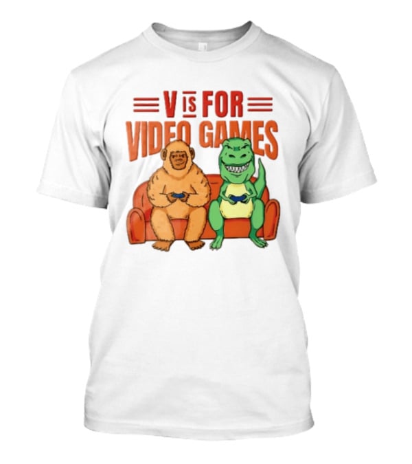 V Is For Video Games Sasquatch Dinosaur Couch Controllers Cartoon T-Shirt