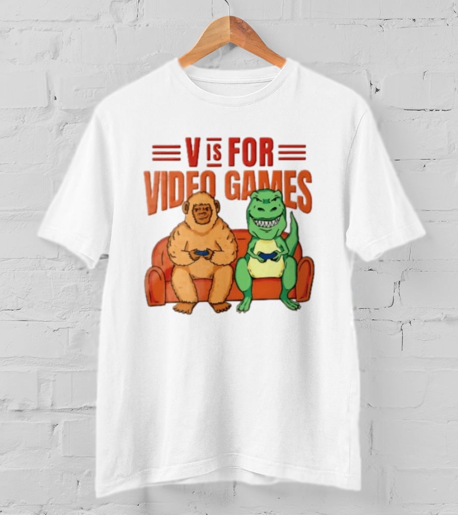 V Is For Video Games Sasquatch Dinosaur Couch Controllers Cartoon T-Shirt