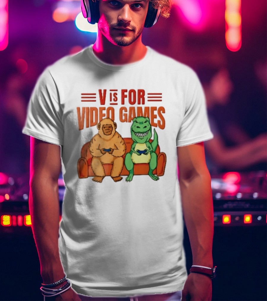 V Is For Video Games Sasquatch Dinosaur Couch Controllers Cartoon T-Shirt