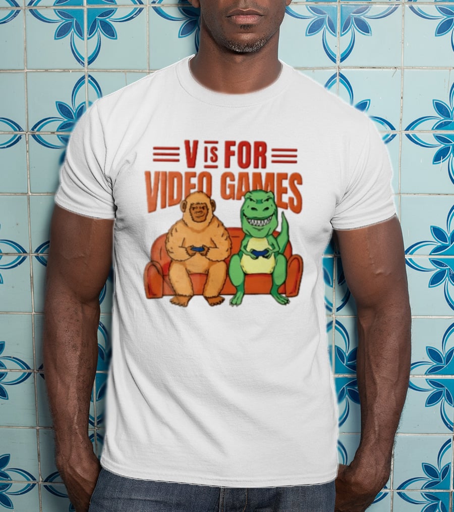 V Is For Video Games Sasquatch Dinosaur Couch Controllers Cartoon T-Shirt