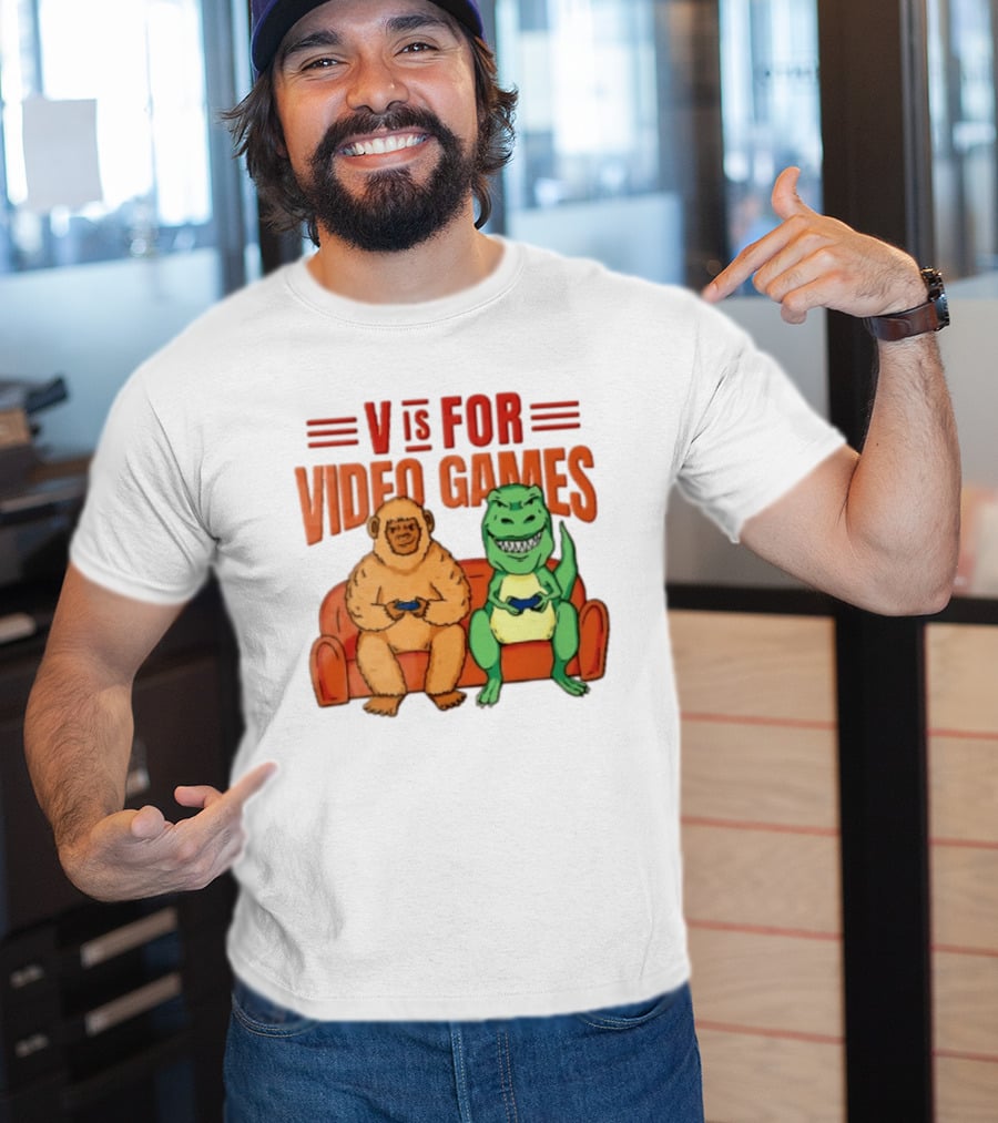 V Is For Video Games Sasquatch Dinosaur Couch Controllers Cartoon T-Shirt