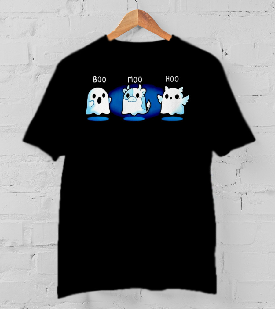 Boo Moo Hoo Halloween Ghost Cow And Owl Fun T-Shirt