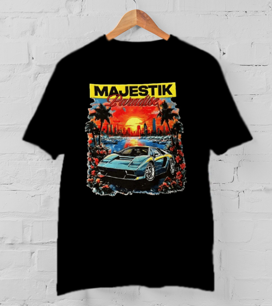 Majestik Paradise Lamborghini Countach Miami Skyline Sunset Beach City T-Shirt