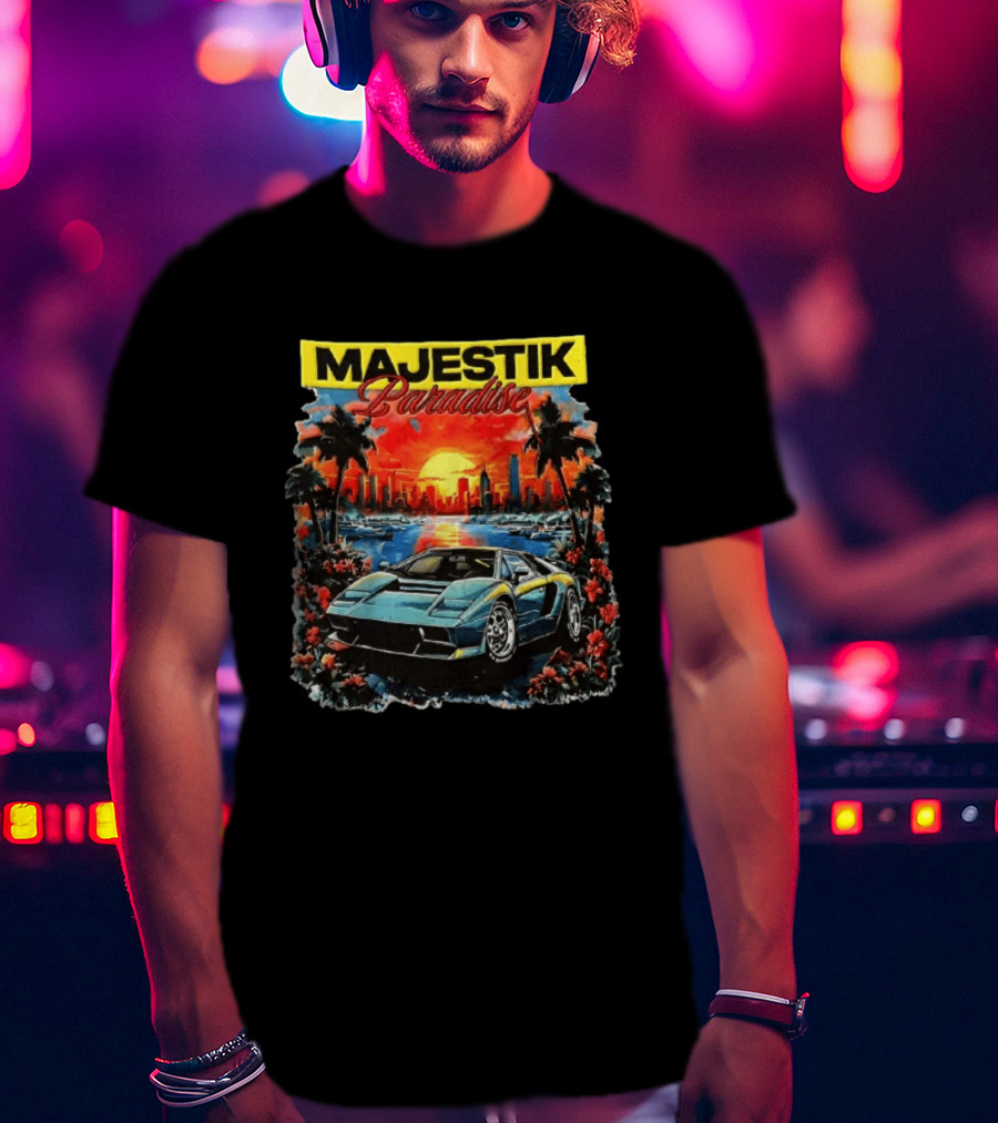 Majestik Paradise Lamborghini Countach Miami Skyline Sunset Beach City T-Shirt