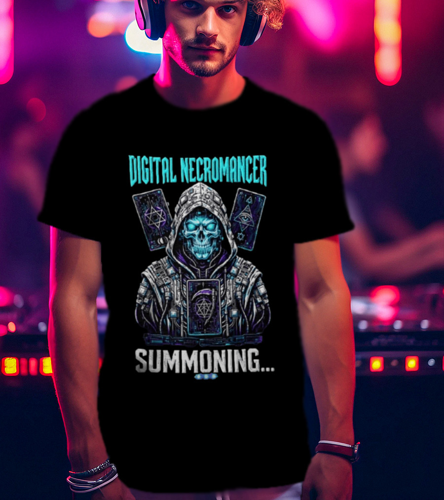 Digital Necromancer Summoning Cyber Skull Tarot Cards T-Shirt