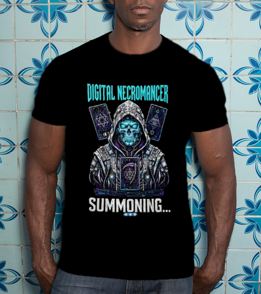 Digital Necromancer Summoning Cyber Skull Tarot Cards T-Shirt