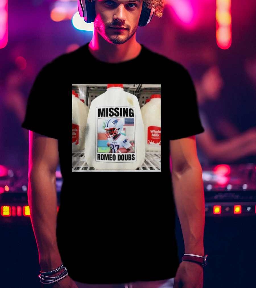 Missing Romeo Doubs Football Milk Carton With Patriots Helmet Image T-Shirt