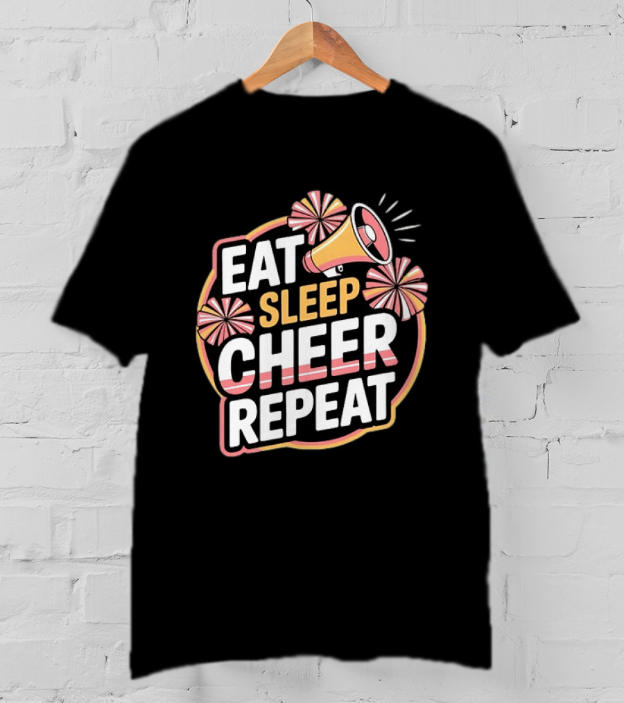 Eat Sleep Cheer Repeat Megaphone Pom Poms Cheerleading T-Shirt