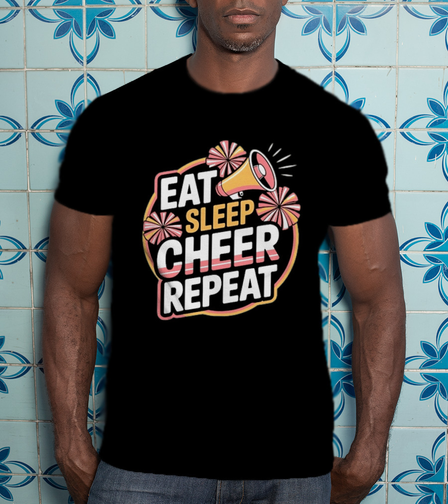 Eat Sleep Cheer Repeat Megaphone Pom Poms Cheerleading T-Shirt