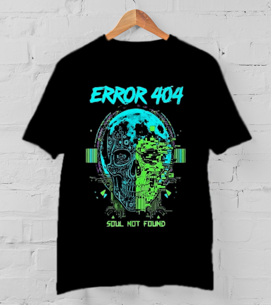 Error 404 Soul Not Found Cyber Skull Glitch Retro Tech Aesthetic T-Shirt