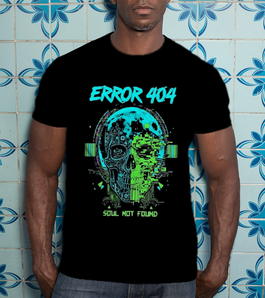 Error 404 Soul Not Found Cyber Skull Glitch Retro Tech Aesthetic T-Shirt