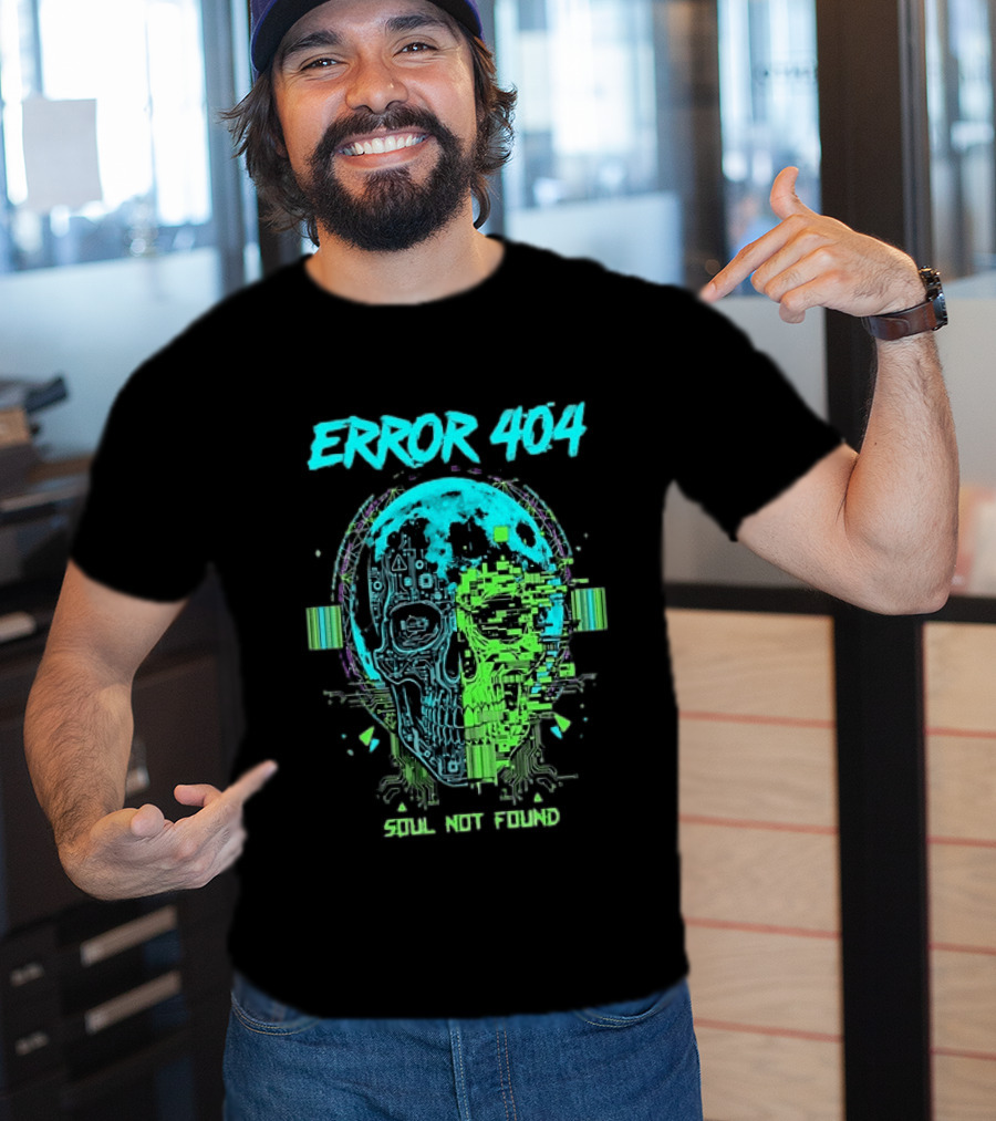 Error 404 Soul Not Found Cyber Skull Glitch Retro Tech Aesthetic T-Shirt