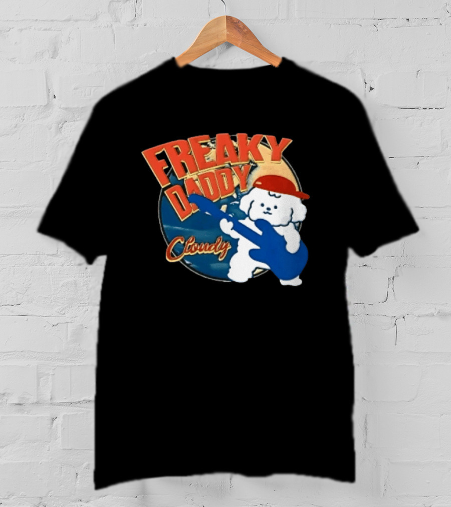 Freaky Daddy Cloudy Cartoon Dog Red Cap Playing Guitar T-Shirt
