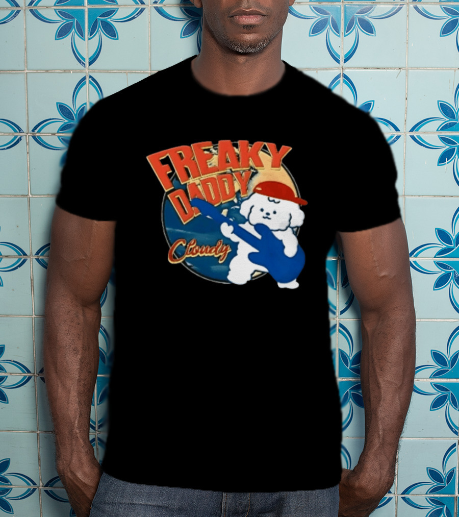 Freaky Daddy Cloudy Cartoon Dog Red Cap Playing Guitar T-Shirt