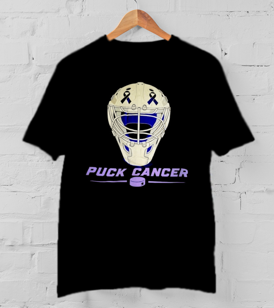 Puck Cancer Hockey Goalie Mask Awareness Purple Ribbon T-Shirt