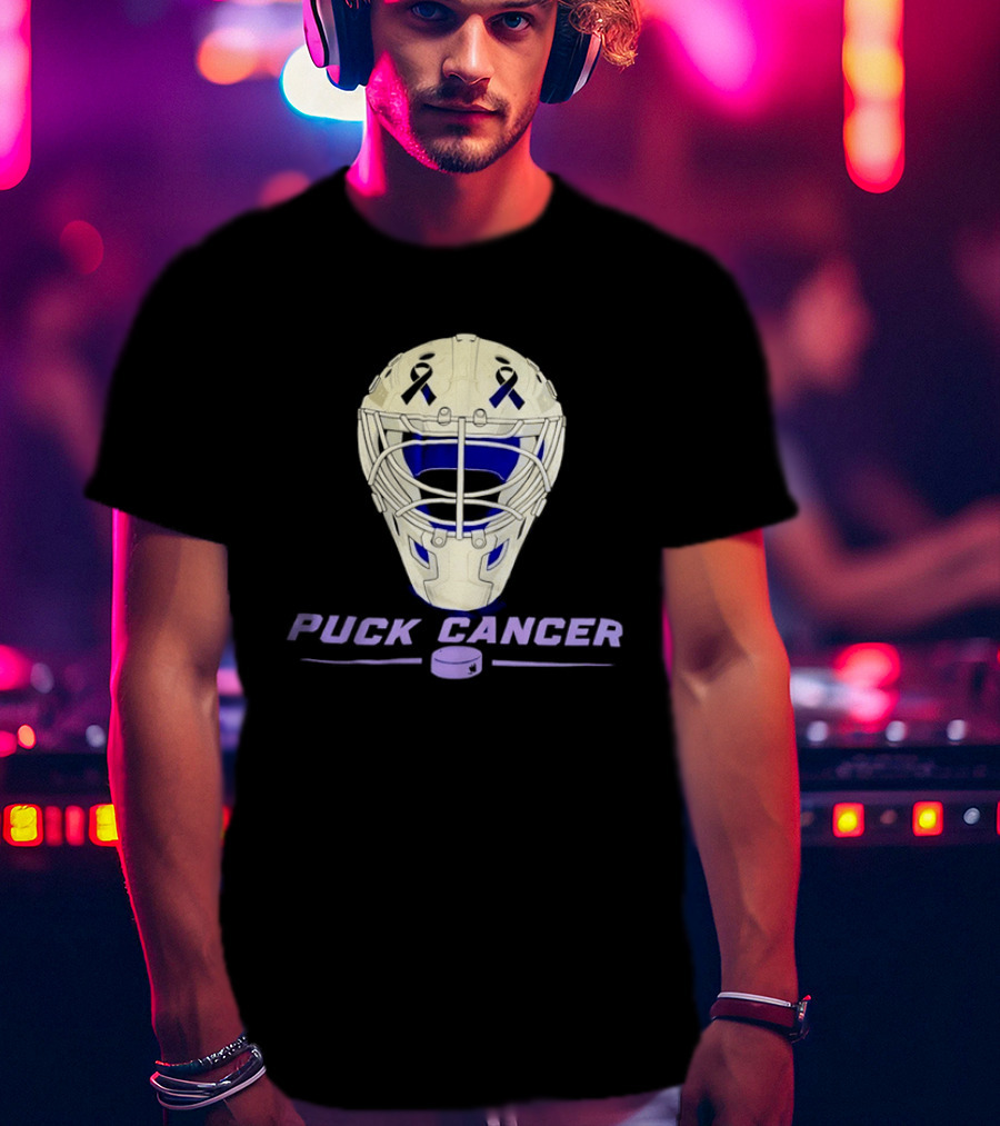 Puck Cancer Hockey Goalie Mask Awareness Purple Ribbon T-Shirt
