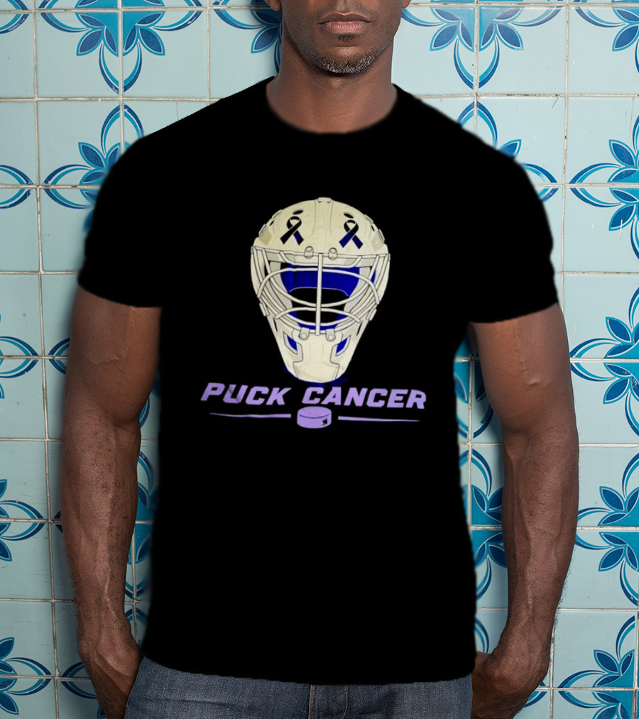 Puck Cancer Hockey Goalie Mask Awareness Purple Ribbon T-Shirt