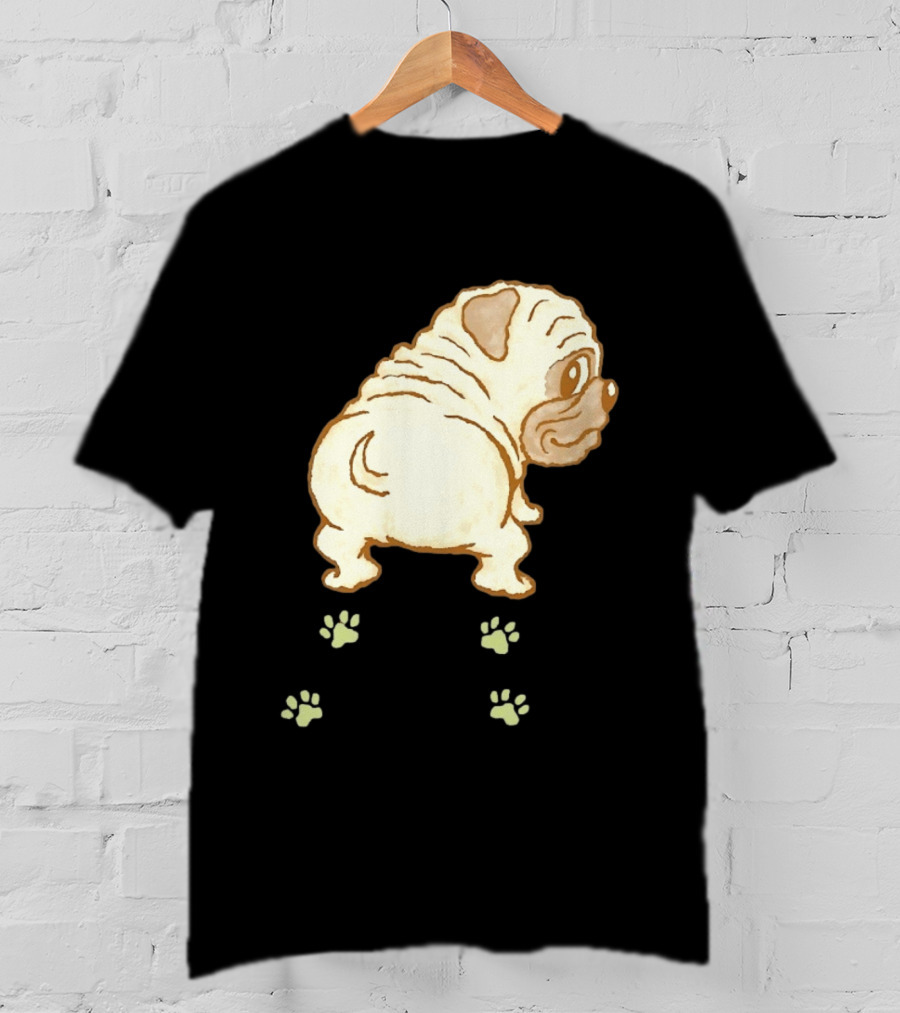 Pug Looking Back With Paw Prints Dog Cute Canine T-Shirt