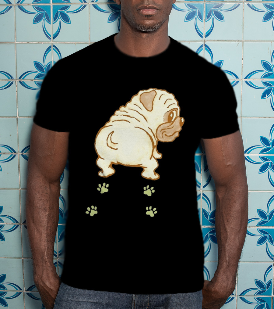 Pug Looking Back With Paw Prints Dog Cute Canine T-Shirt