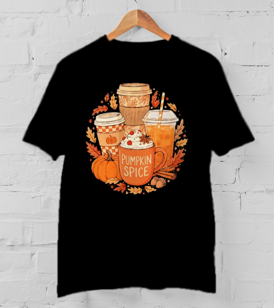 Pumpkin Spice Fall Coffee Drinks Autumn Leaves Acorns Cinnamon Sticks T-Shirt