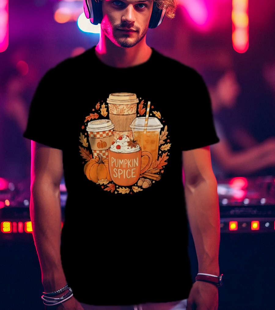 Pumpkin Spice Fall Coffee Drinks Autumn Leaves Acorns Cinnamon Sticks T-Shirt