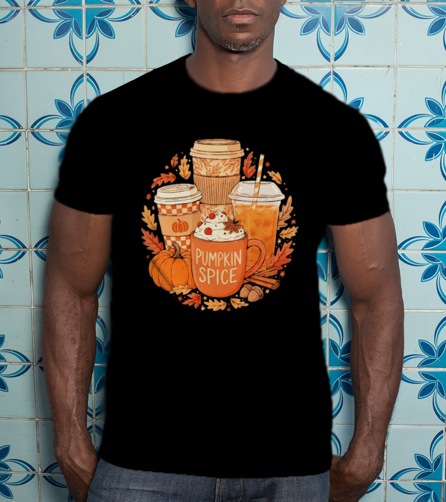 Pumpkin Spice Fall Coffee Drinks Autumn Leaves Acorns Cinnamon Sticks T-Shirt